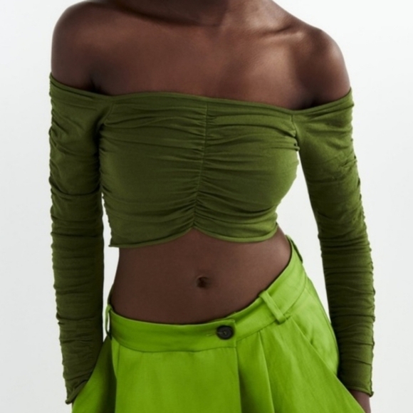 Zara Tops - Zara Olive Green Ruched Off the Shoulder Crop Top S like new
